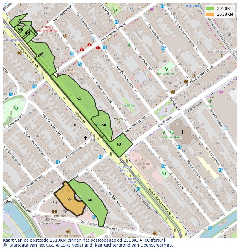 Afbeelding van het postcodegebied 2518 KM op de kaart.