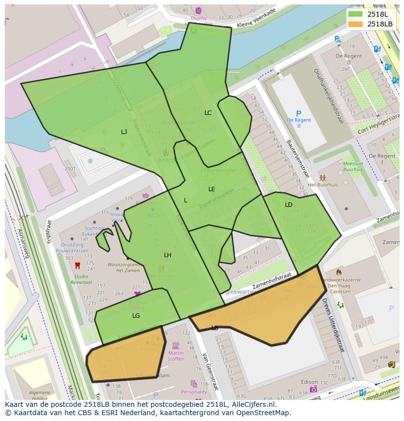 Afbeelding van het postcodegebied 2518 LB op de kaart.