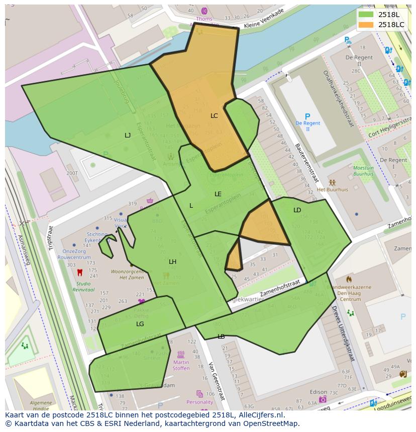 Afbeelding van het postcodegebied 2518 LC op de kaart.