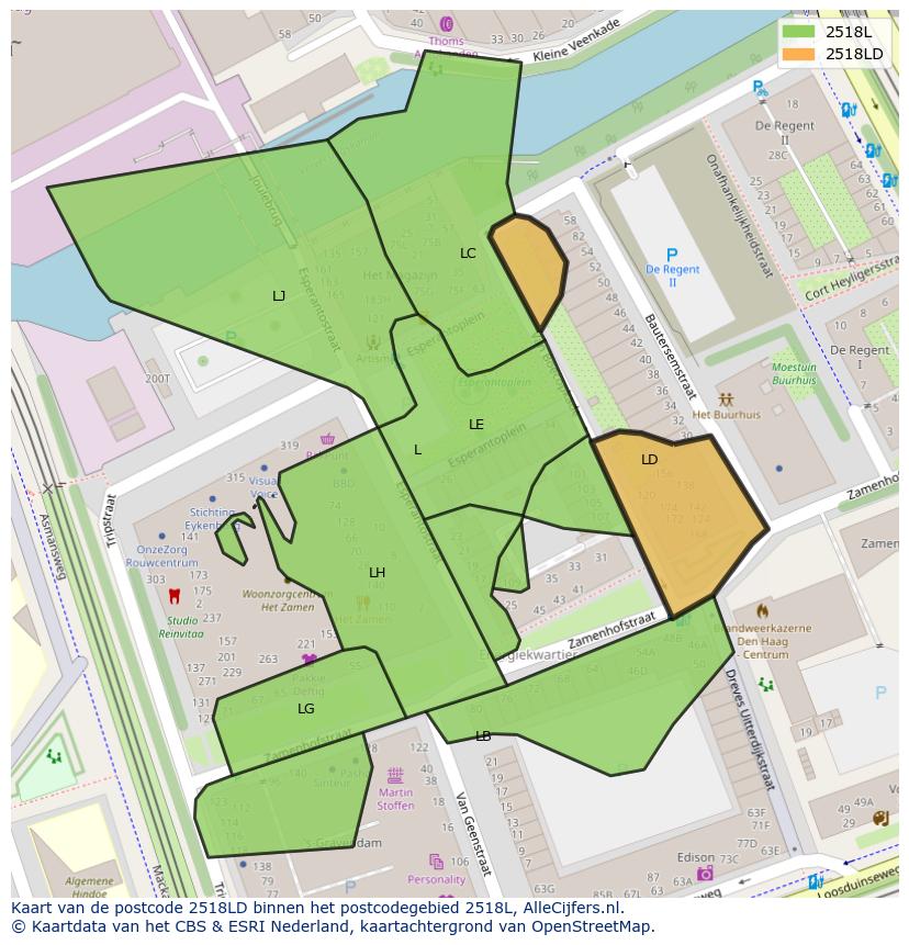 Afbeelding van het postcodegebied 2518 LD op de kaart.
