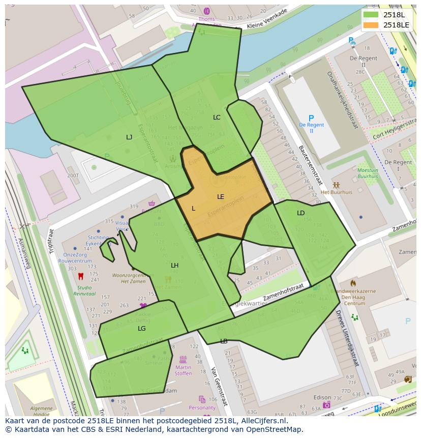 Afbeelding van het postcodegebied 2518 LE op de kaart.