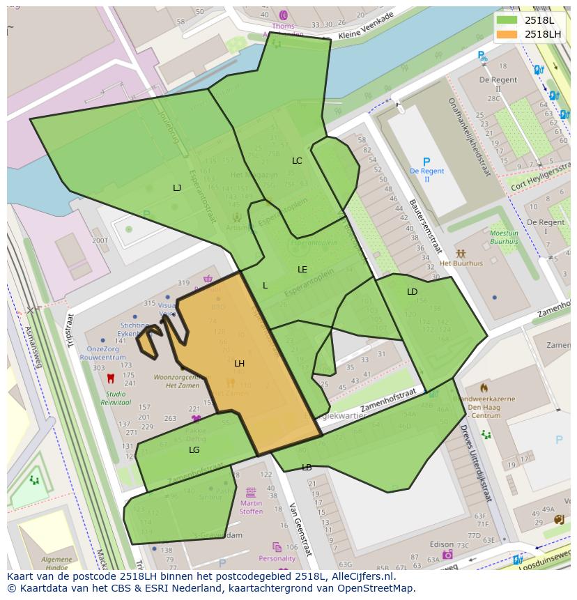 Afbeelding van het postcodegebied 2518 LH op de kaart.
