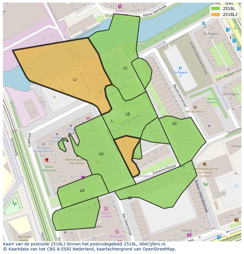 Afbeelding van het postcodegebied 2518 LJ op de kaart.