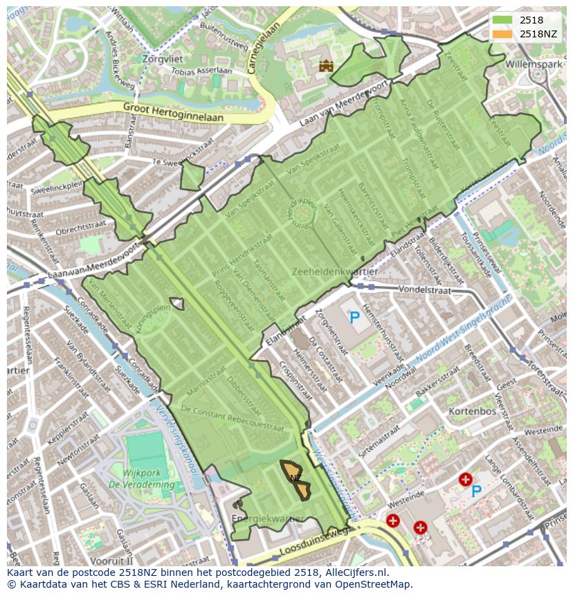Afbeelding van het postcodegebied 2518 NZ op de kaart.