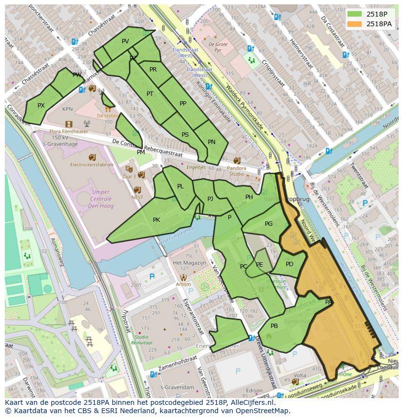 Afbeelding van het postcodegebied 2518 PA op de kaart.
