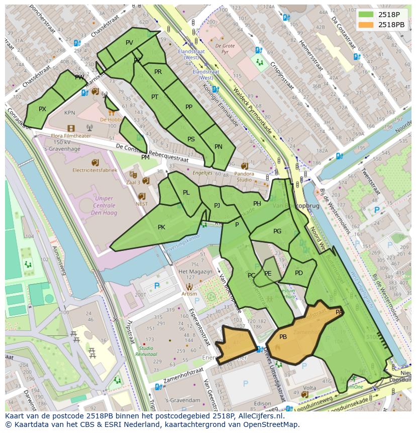 Afbeelding van het postcodegebied 2518 PB op de kaart.