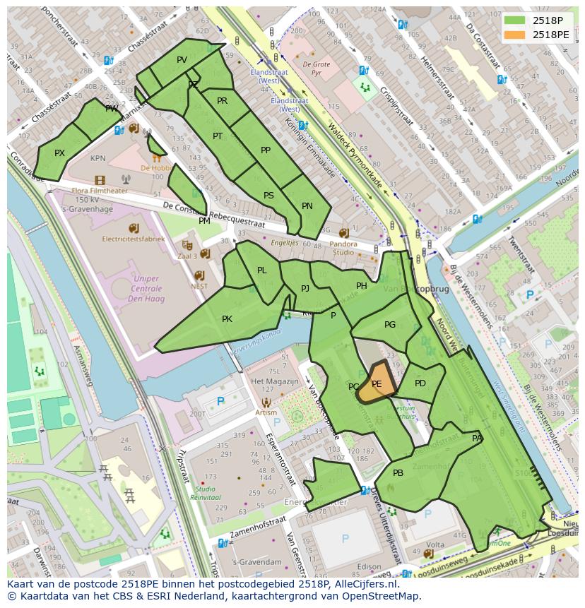 Afbeelding van het postcodegebied 2518 PE op de kaart.