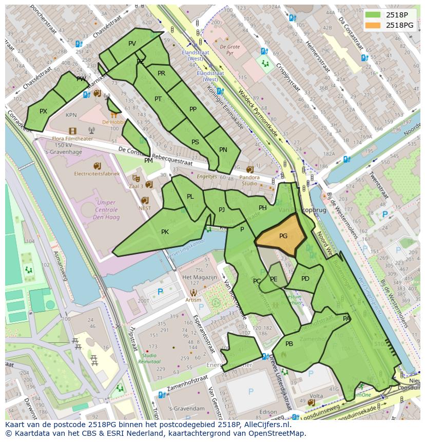 Afbeelding van het postcodegebied 2518 PG op de kaart.