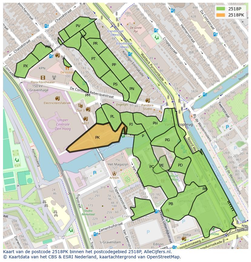 Afbeelding van het postcodegebied 2518 PK op de kaart.