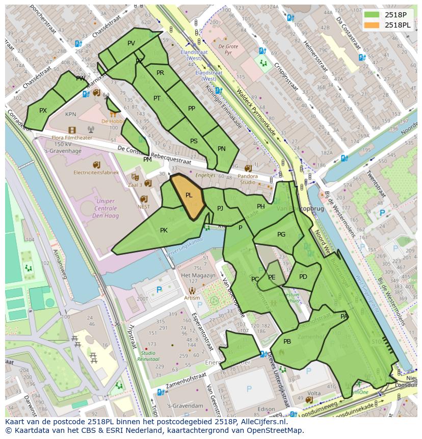 Afbeelding van het postcodegebied 2518 PL op de kaart.