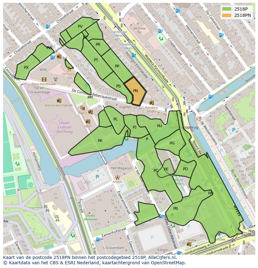 Afbeelding van het postcodegebied 2518 PN op de kaart.