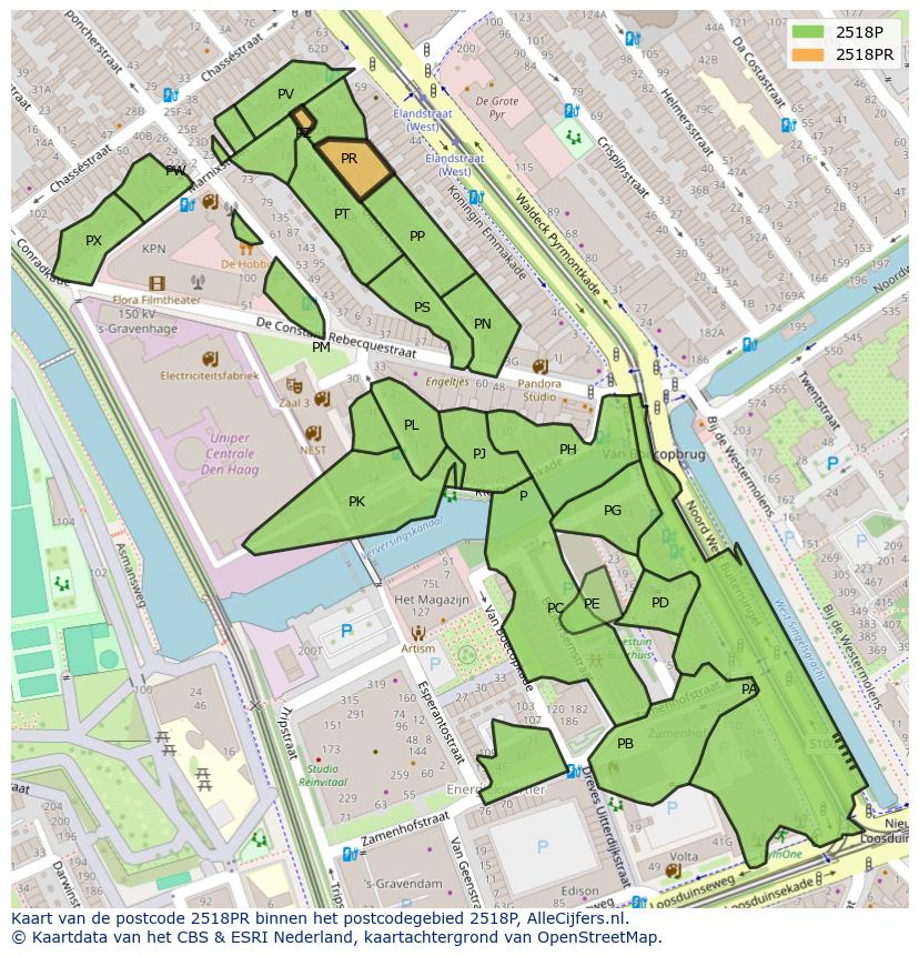 Afbeelding van het postcodegebied 2518 PR op de kaart.