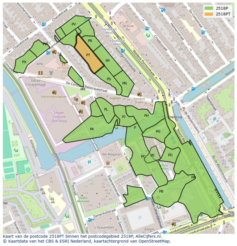 Afbeelding van het postcodegebied 2518 PT op de kaart.