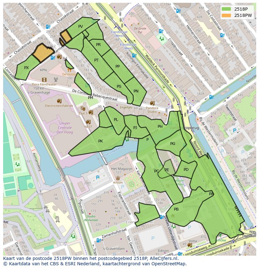 Afbeelding van het postcodegebied 2518 PW op de kaart.