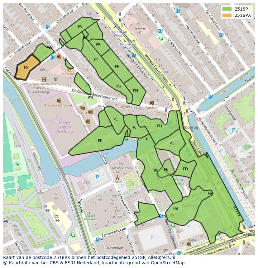 Afbeelding van het postcodegebied 2518 PX op de kaart.
