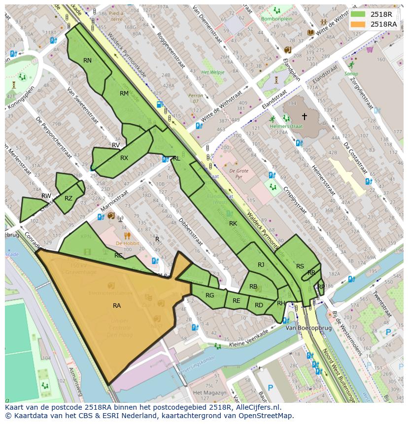 Afbeelding van het postcodegebied 2518 RA op de kaart.