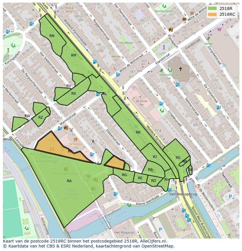 Afbeelding van het postcodegebied 2518 RC op de kaart.