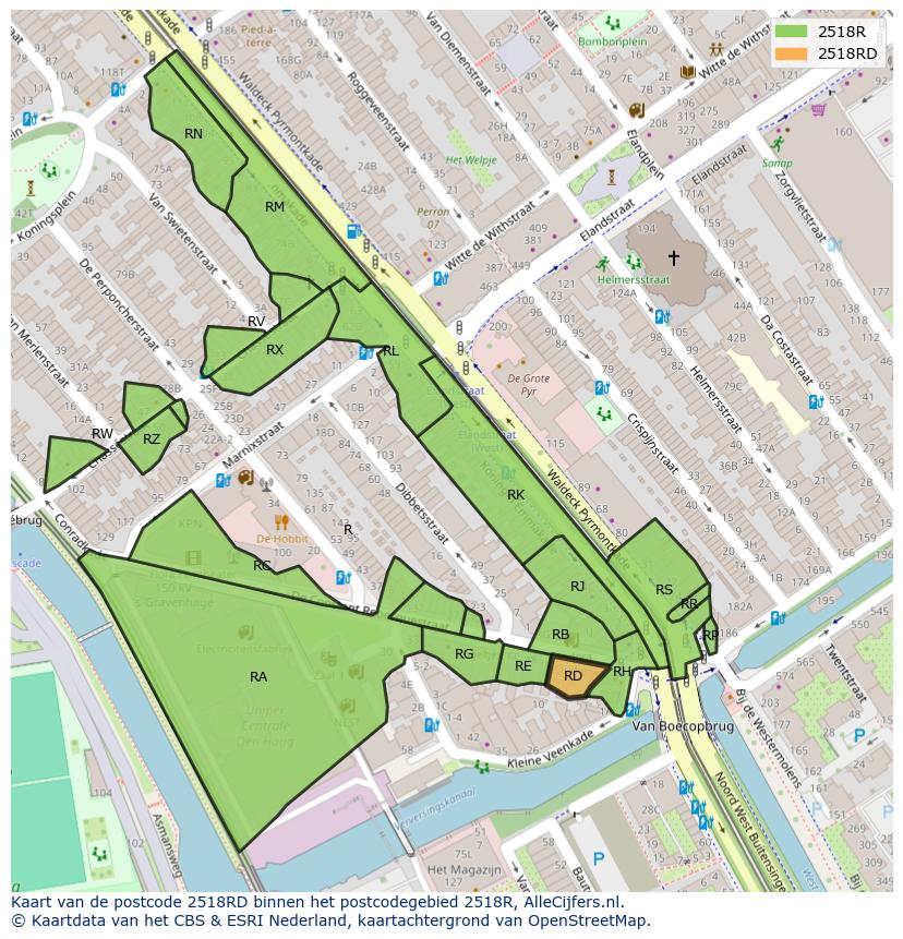 Afbeelding van het postcodegebied 2518 RD op de kaart.