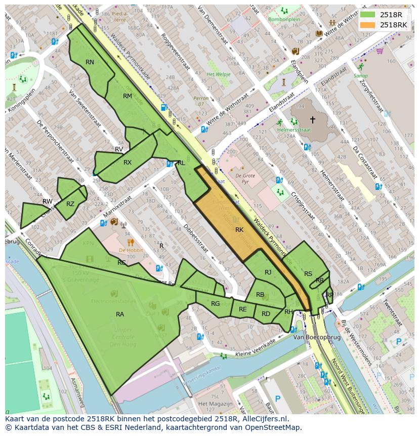 Afbeelding van het postcodegebied 2518 RK op de kaart.