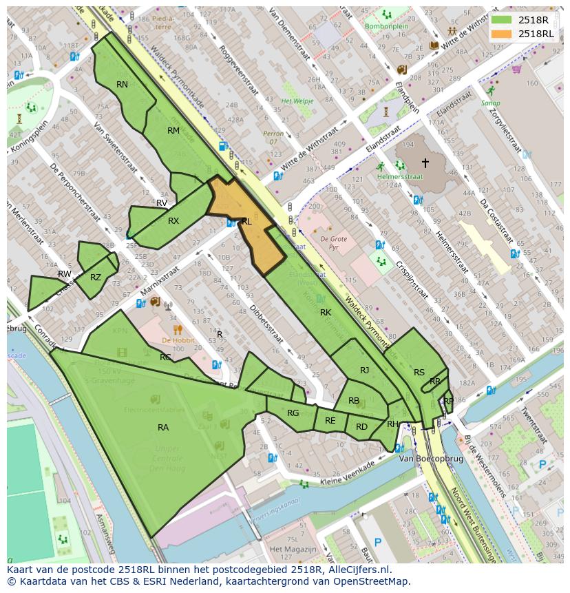 Afbeelding van het postcodegebied 2518 RL op de kaart.