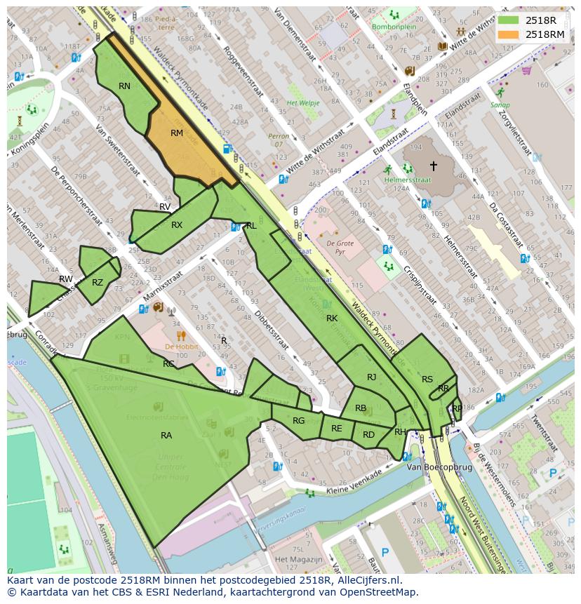 Afbeelding van het postcodegebied 2518 RM op de kaart.