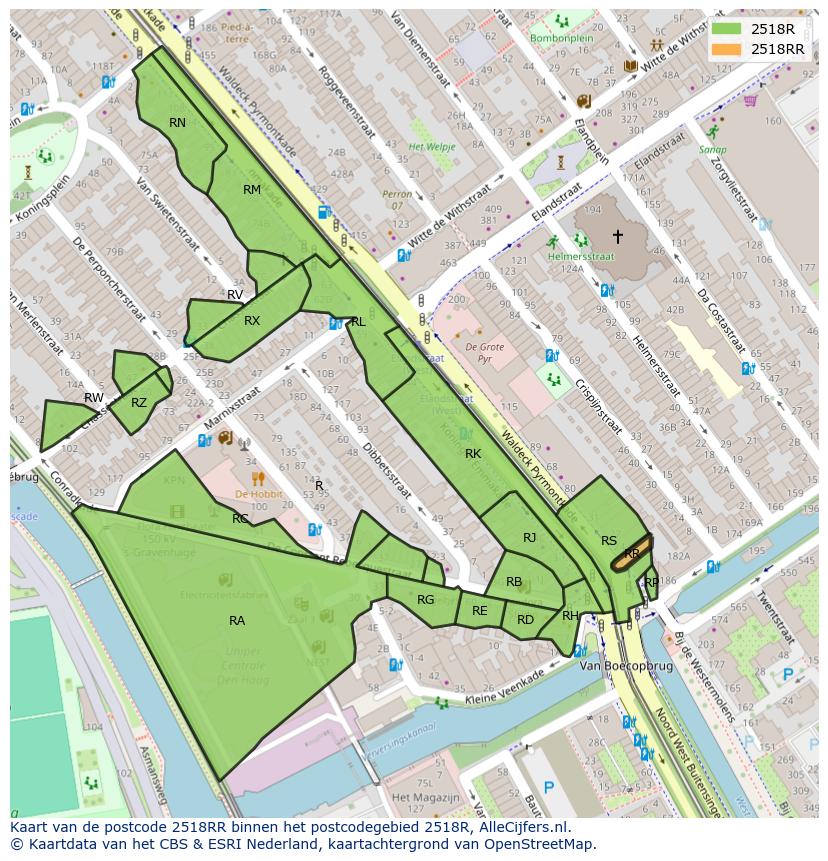 Afbeelding van het postcodegebied 2518 RR op de kaart.