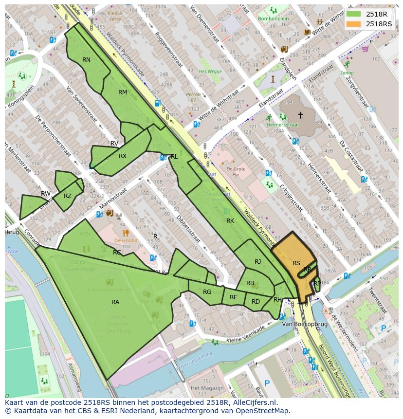 Afbeelding van het postcodegebied 2518 RS op de kaart.