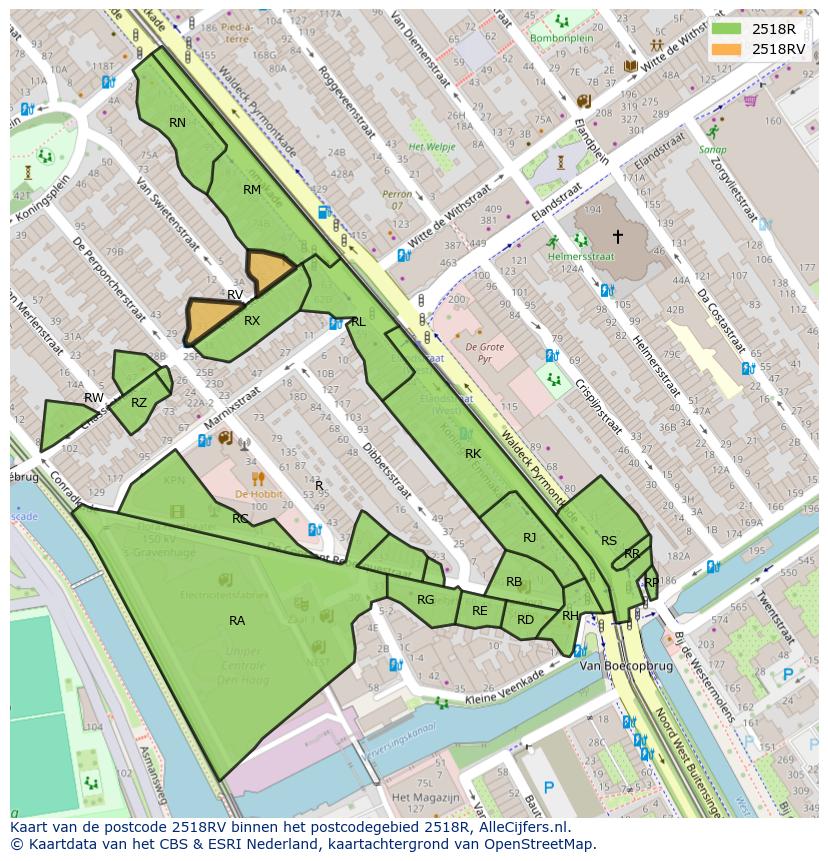 Afbeelding van het postcodegebied 2518 RV op de kaart.