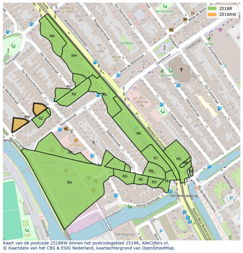 Afbeelding van het postcodegebied 2518 RW op de kaart.