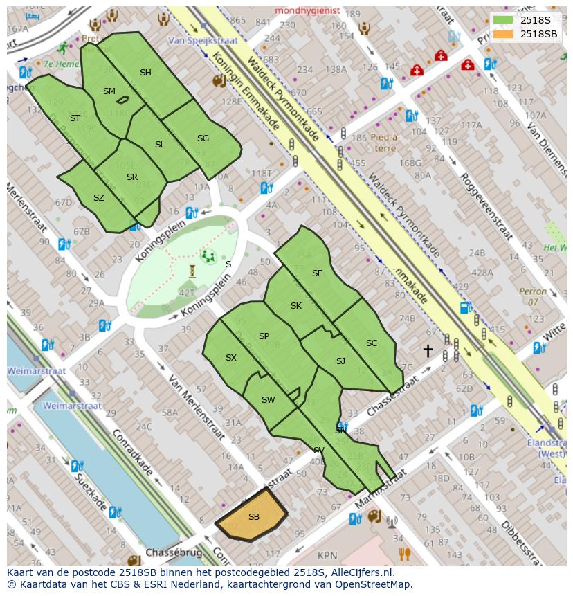 Afbeelding van het postcodegebied 2518 SB op de kaart.