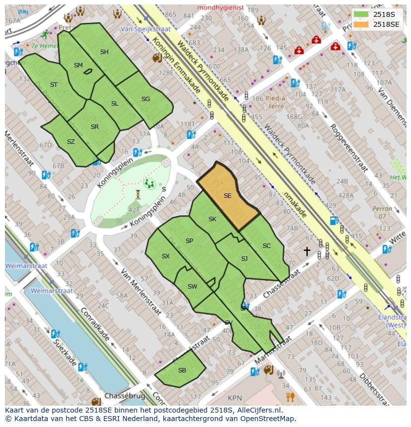 Afbeelding van het postcodegebied 2518 SE op de kaart.