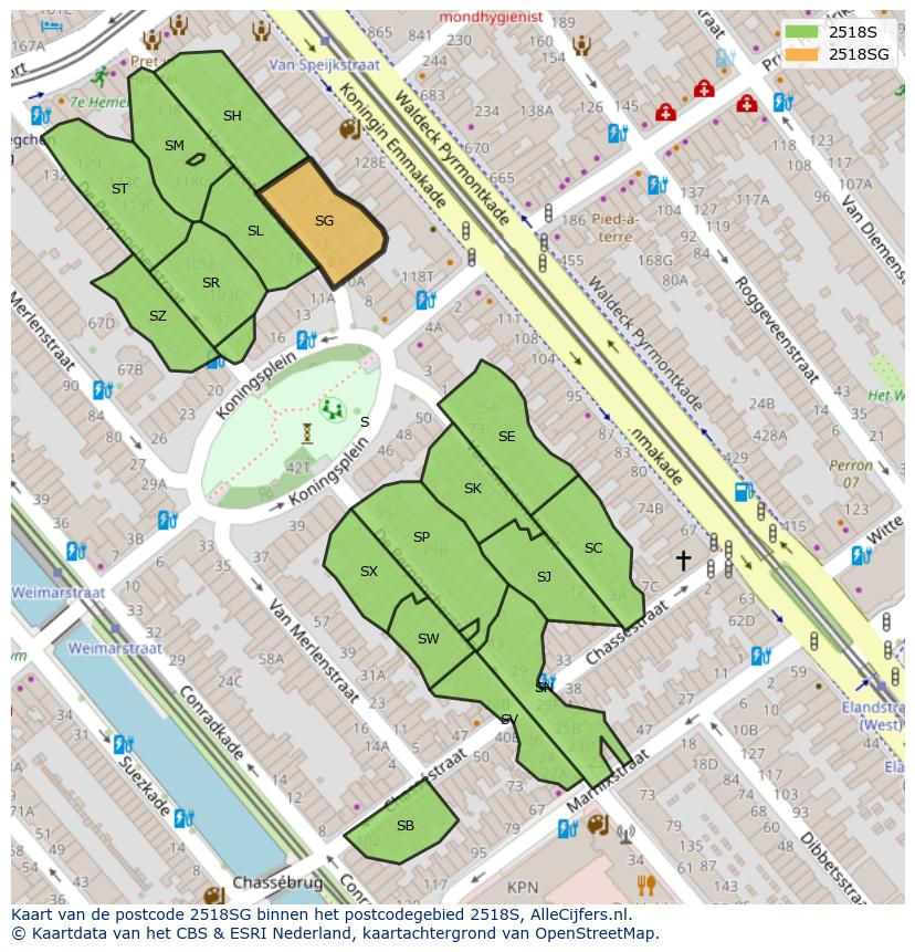 Afbeelding van het postcodegebied 2518 SG op de kaart.