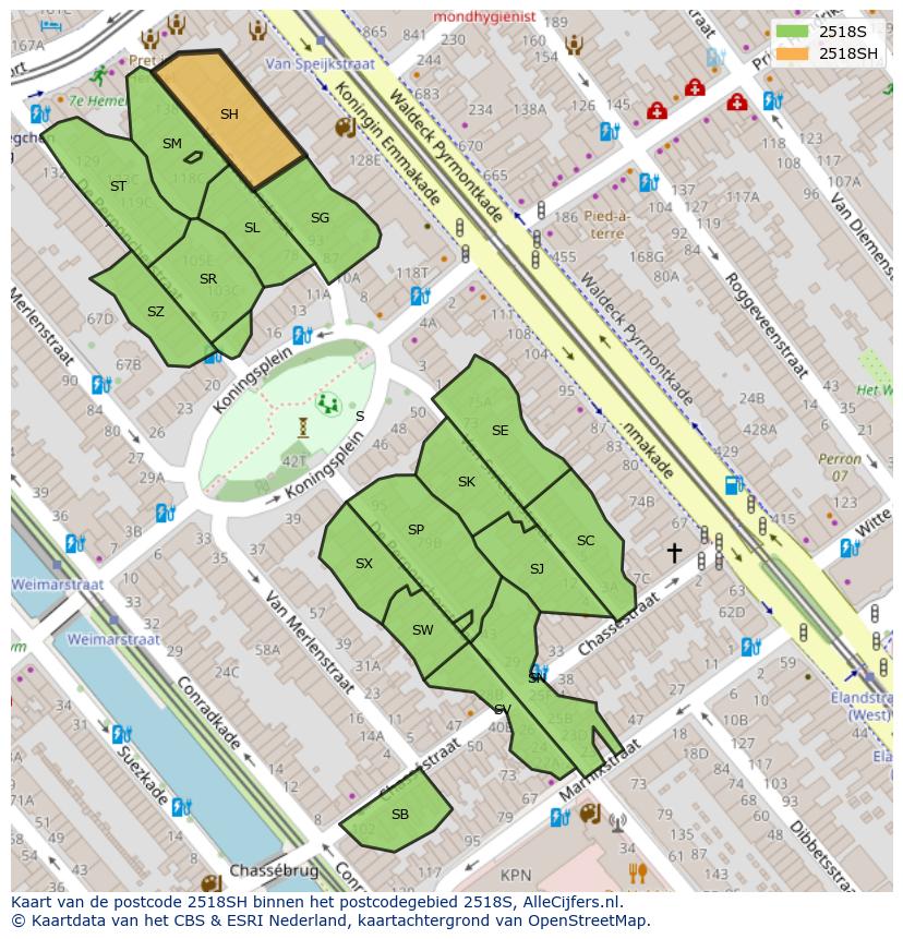 Afbeelding van het postcodegebied 2518 SH op de kaart.