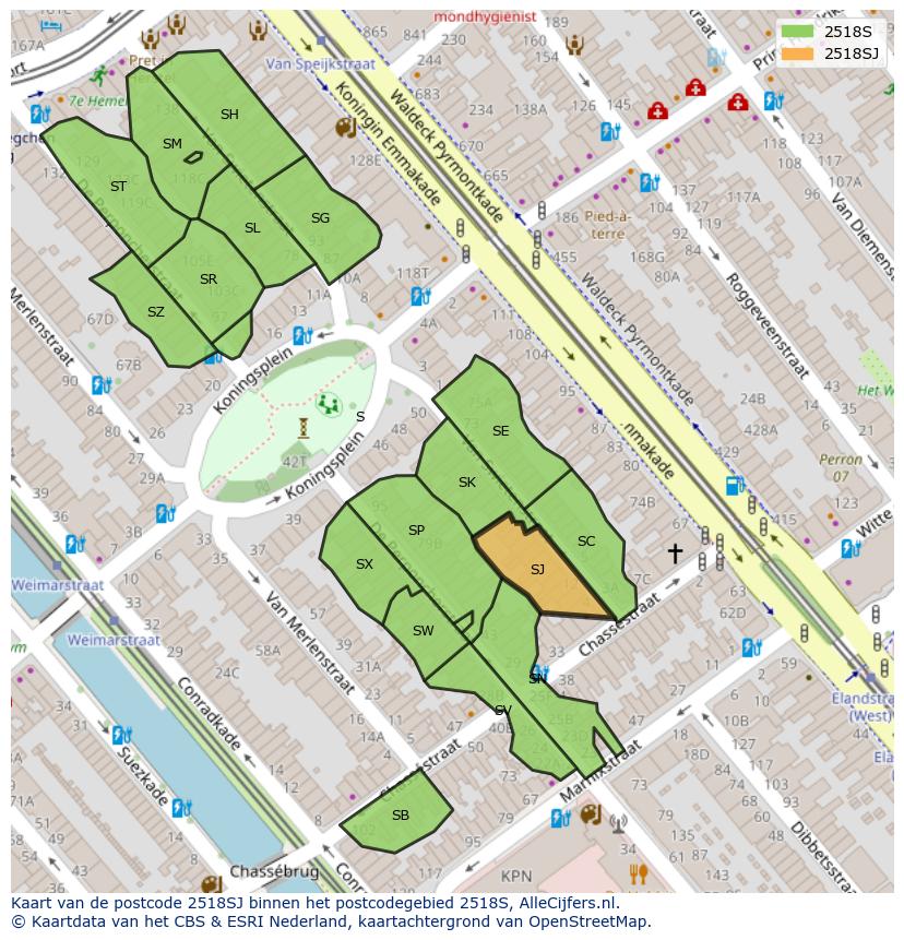 Afbeelding van het postcodegebied 2518 SJ op de kaart.