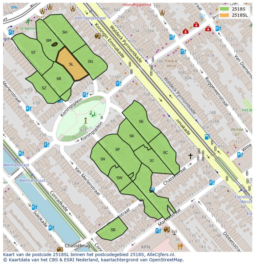 Afbeelding van het postcodegebied 2518 SL op de kaart.