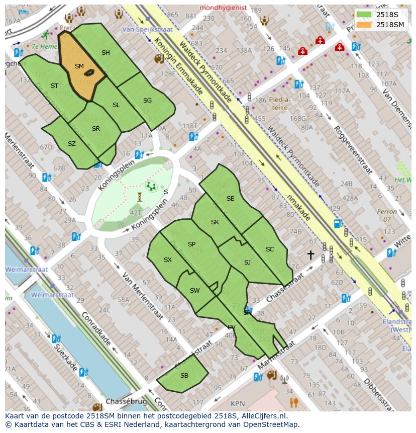 Afbeelding van het postcodegebied 2518 SM op de kaart.