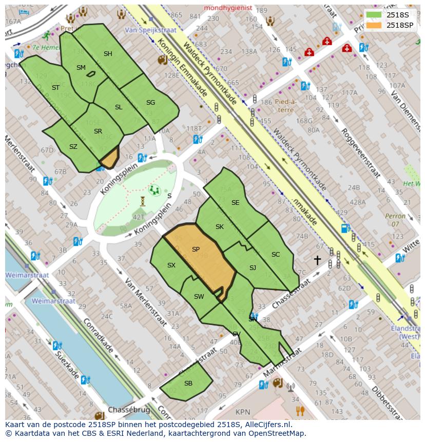 Afbeelding van het postcodegebied 2518 SP op de kaart.