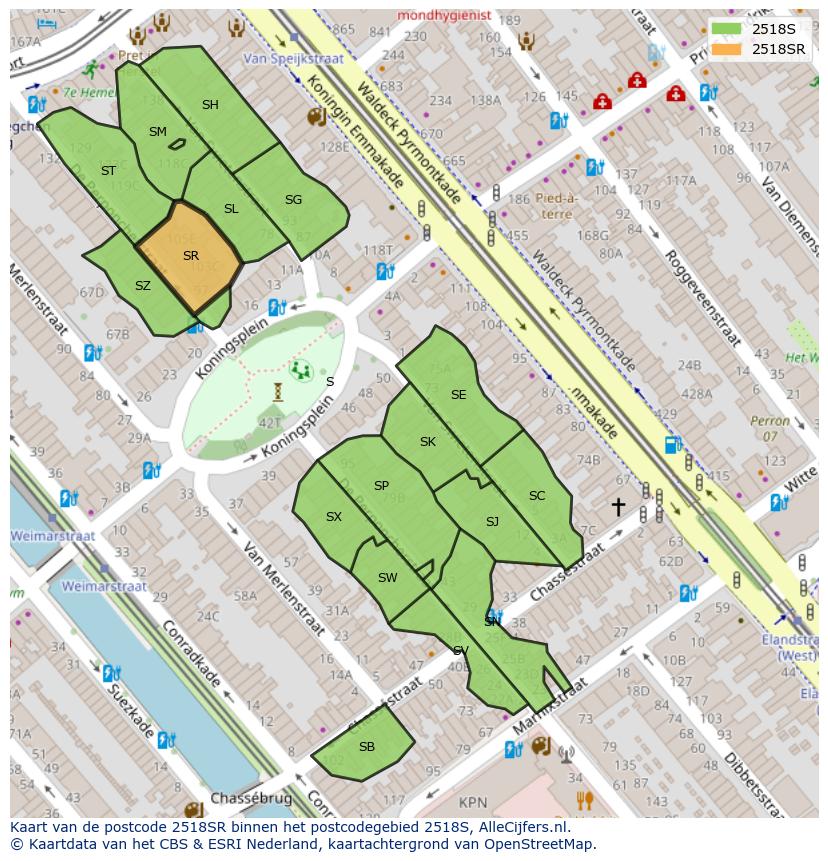 Afbeelding van het postcodegebied 2518 SR op de kaart.