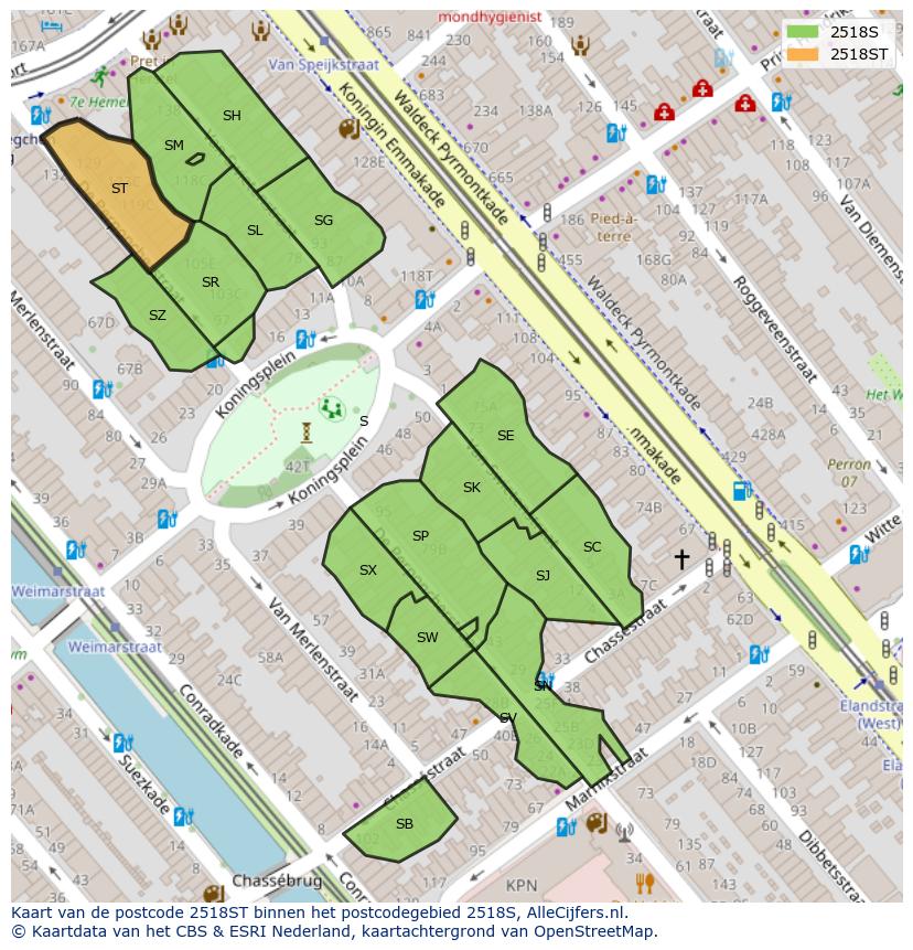 Afbeelding van het postcodegebied 2518 ST op de kaart.