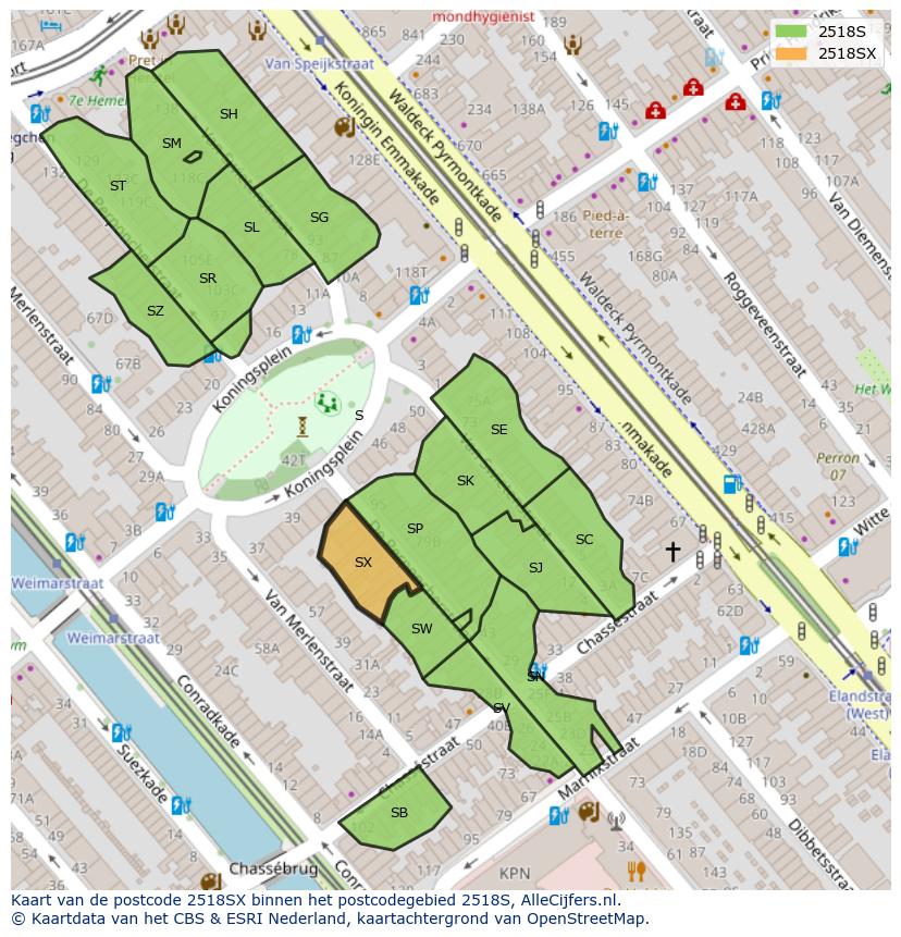Afbeelding van het postcodegebied 2518 SX op de kaart.