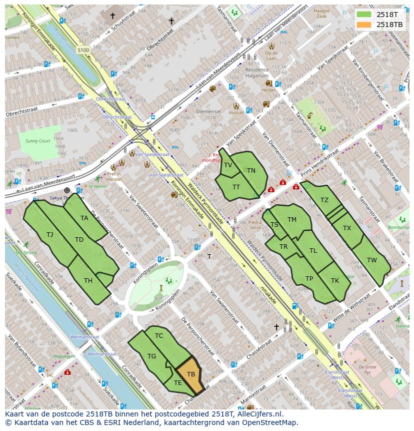 Afbeelding van het postcodegebied 2518 TB op de kaart.