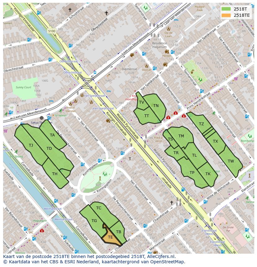 Afbeelding van het postcodegebied 2518 TE op de kaart.