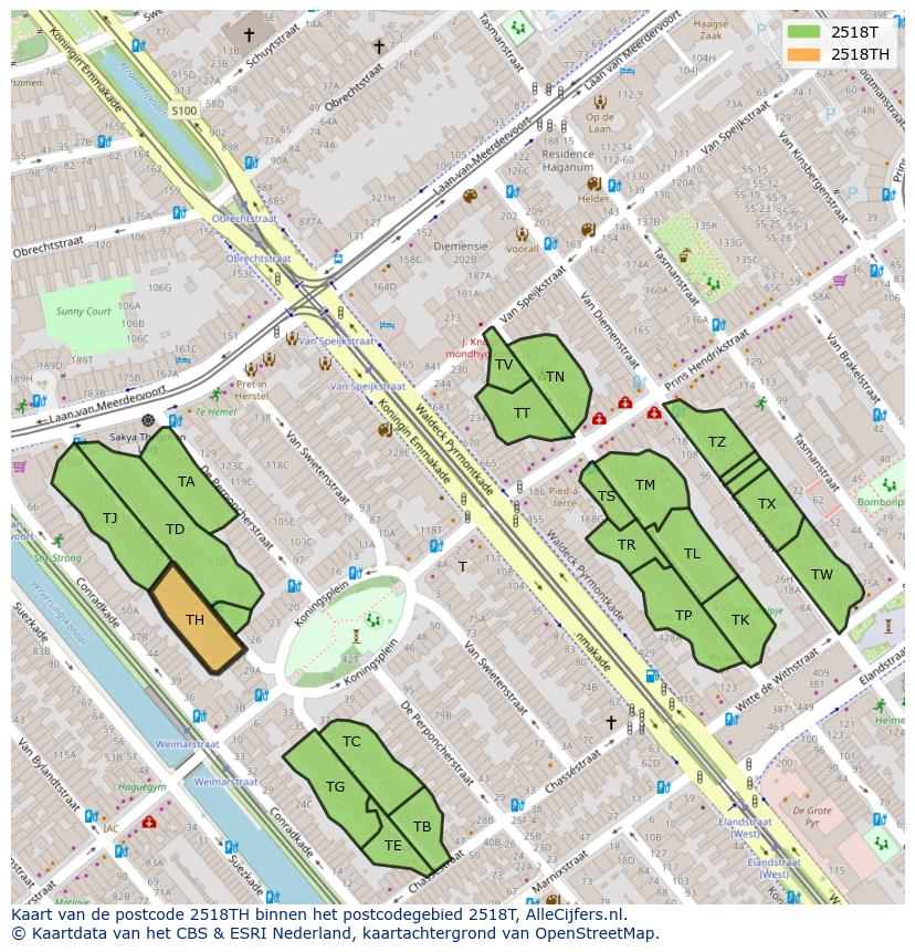 Afbeelding van het postcodegebied 2518 TH op de kaart.