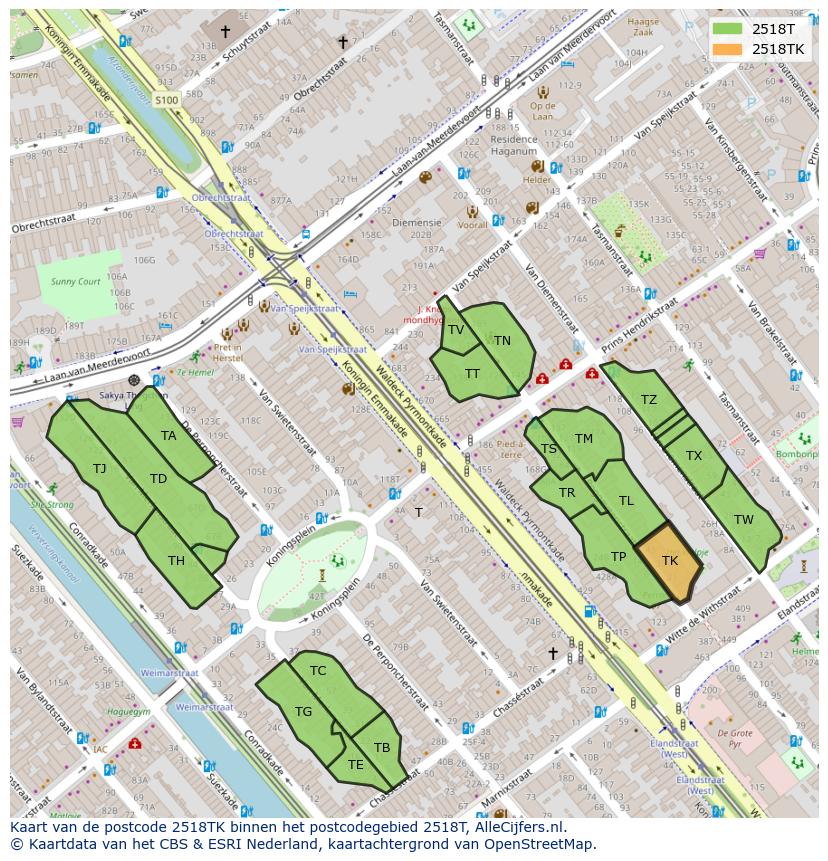 Afbeelding van het postcodegebied 2518 TK op de kaart.