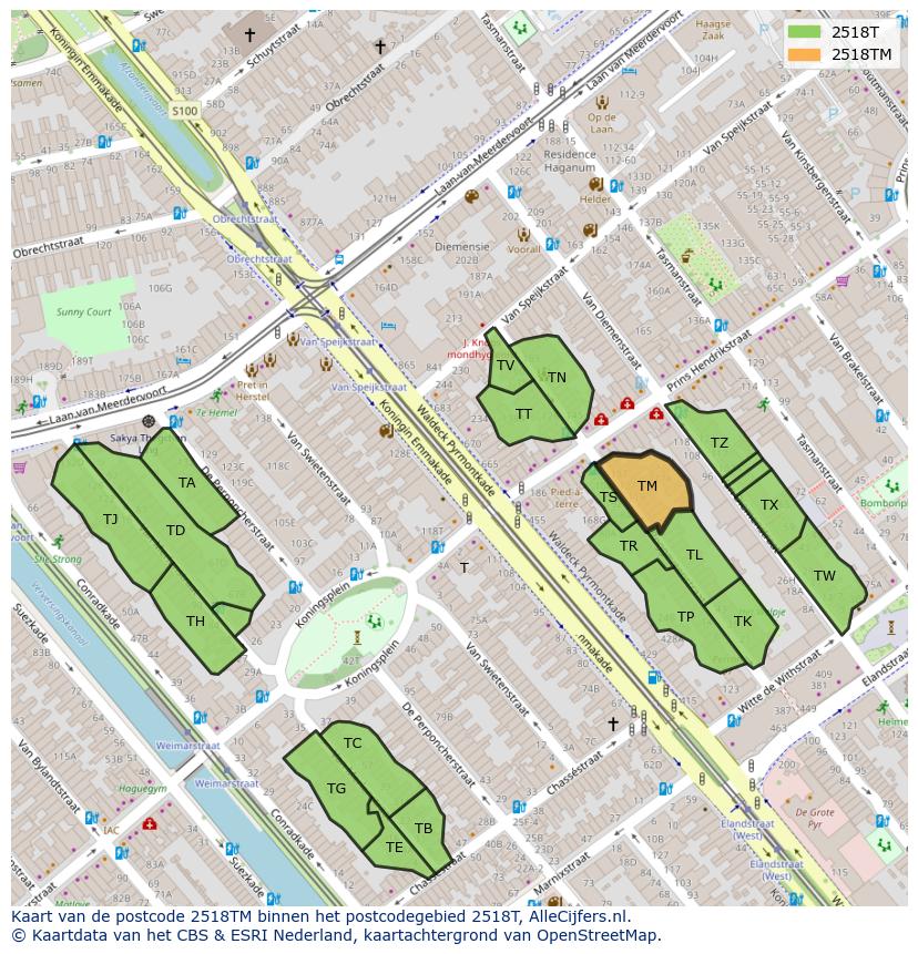 Afbeelding van het postcodegebied 2518 TM op de kaart.