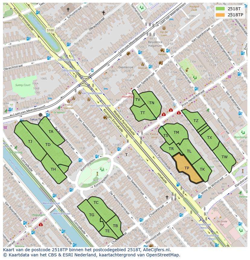 Afbeelding van het postcodegebied 2518 TP op de kaart.
