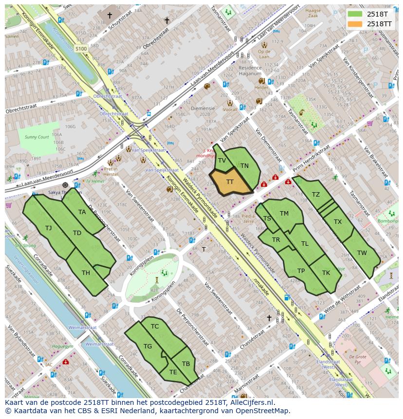 Afbeelding van het postcodegebied 2518 TT op de kaart.