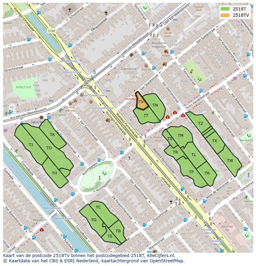 Afbeelding van het postcodegebied 2518 TV op de kaart.