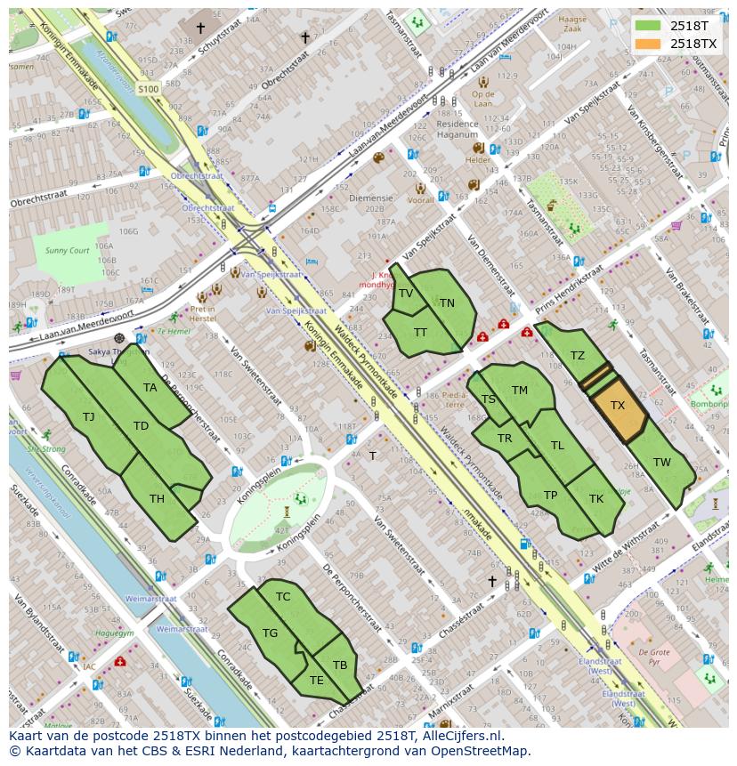 Afbeelding van het postcodegebied 2518 TX op de kaart.