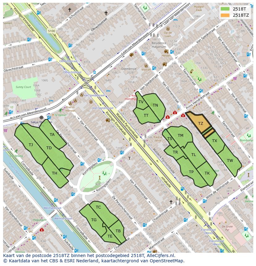 Afbeelding van het postcodegebied 2518 TZ op de kaart.